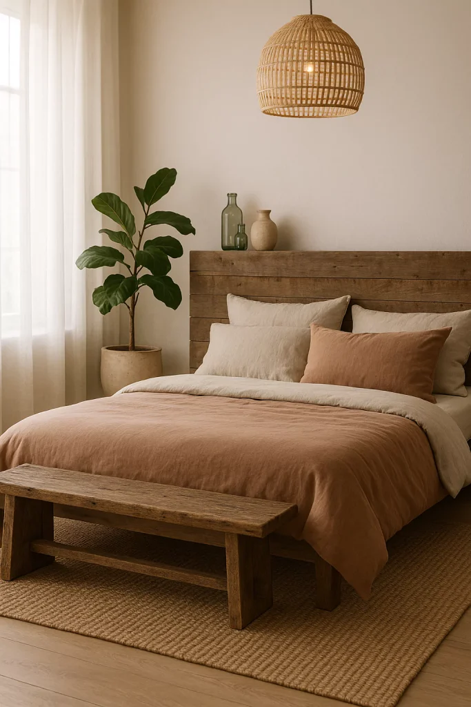 Eco Japandi bedroom with reclaimed wood bed, organic bedding, and soft natural lighting with green accents.