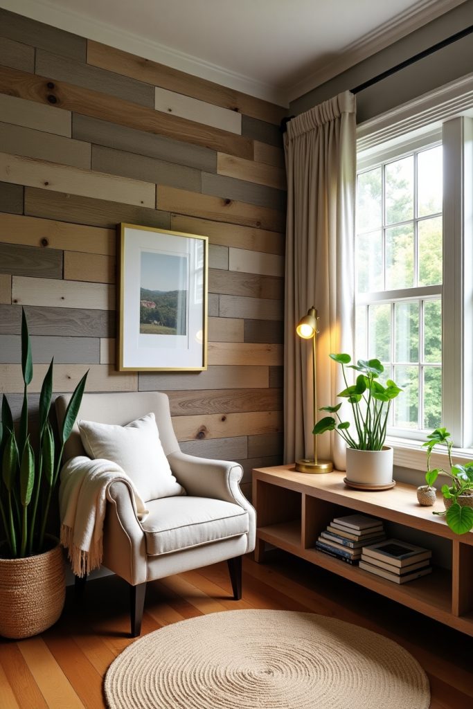 Cozy reading nook with recycled wood accent wall, linen chair, plants, and warm rustic textures.