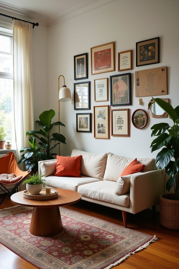 Eclectic boho living room with gallery wall, warm textures, vintage rug, plants, and cozy lighting.