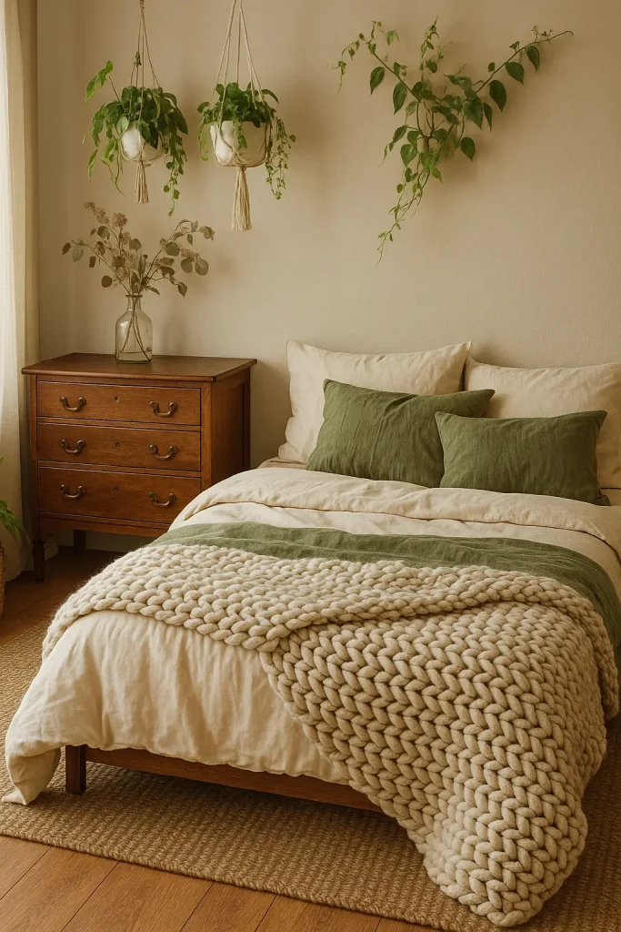 Vintage dresser and organic cotton bedding in an eco-friendly boho bedroom with cozy, earthy vibes.

