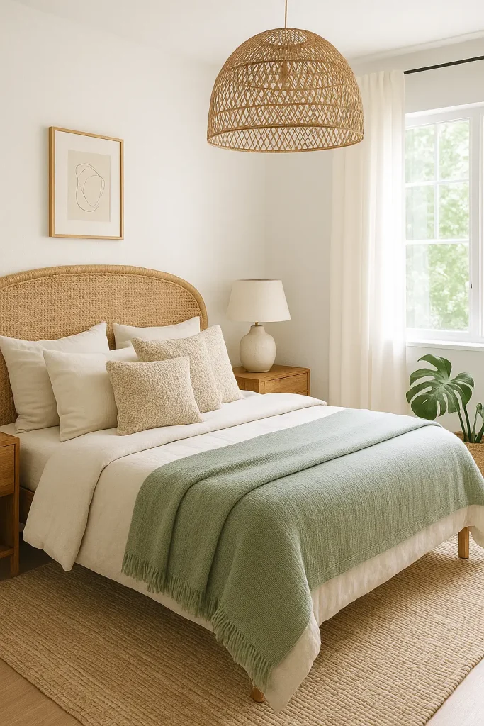Boho bedroom with rattan headboard, white walls, linen bedding, soft lighting, and natural textures.

