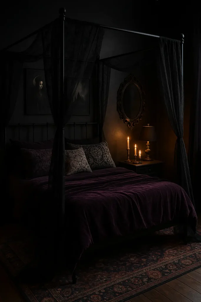 
Black canopy bed with lace curtains, gothic art, and moody textures in a goth boho bedroom.
