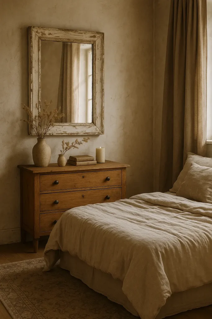 Rustic bedroom with distressed mirror, wood dresser, dried flowers, and cozy vintage-inspired decor.