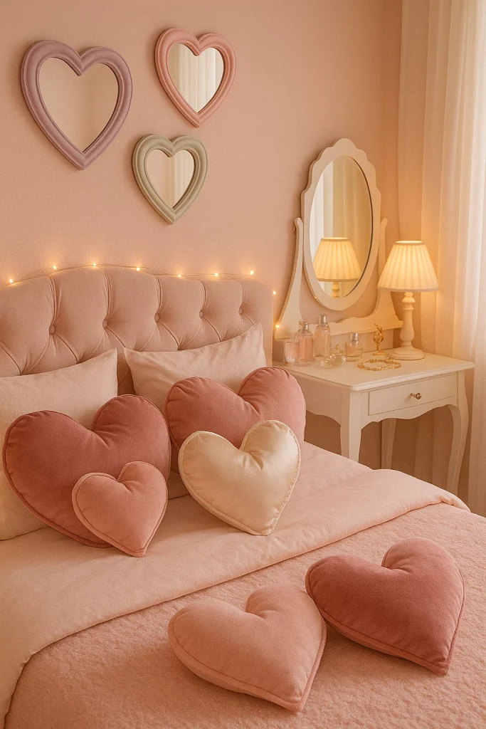 Heart pillows and pastel mirrors in romantic blush bedroom with soft lighting and feminine decor accents.