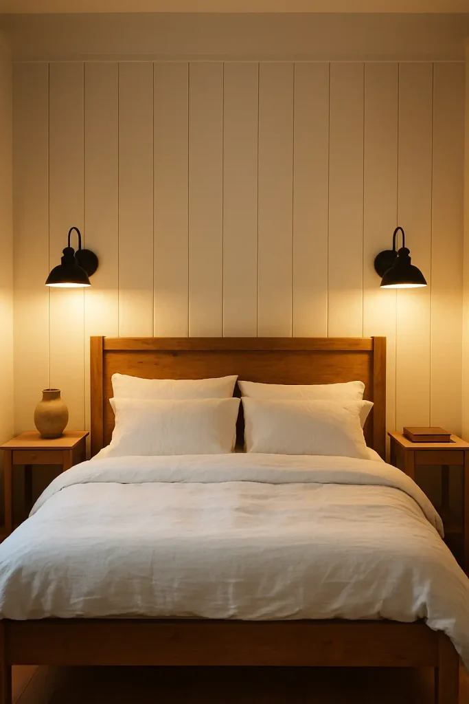 Farmhouse bedroom with black metal wall sconces, wood bedframe, and cozy white linen bedding.