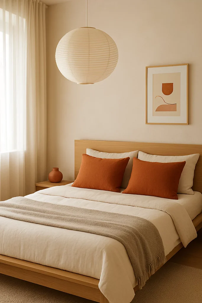 Japandi bedroom with creamy whites, soft grays, and terracotta pillows for warmth and minimalist contrast.