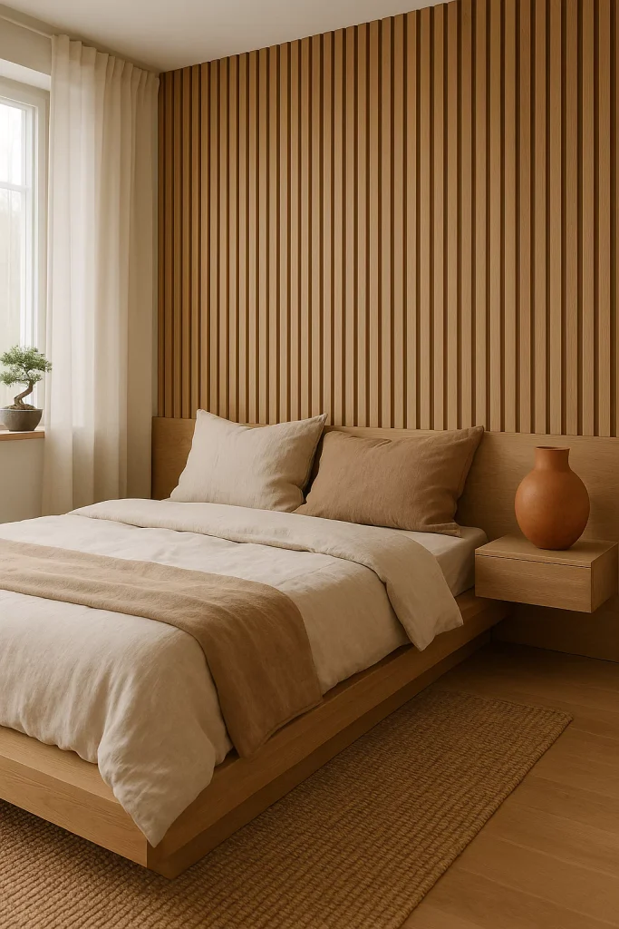 Japandi bedroom with vertical wood slats, low bed, sheer curtains, and bold ceramic vase for contrast.
