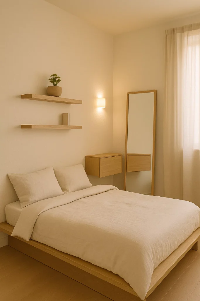 Small Japandi bedroom with low bed, foldable desk, floating shelves, and mirror for airy, open feel.

