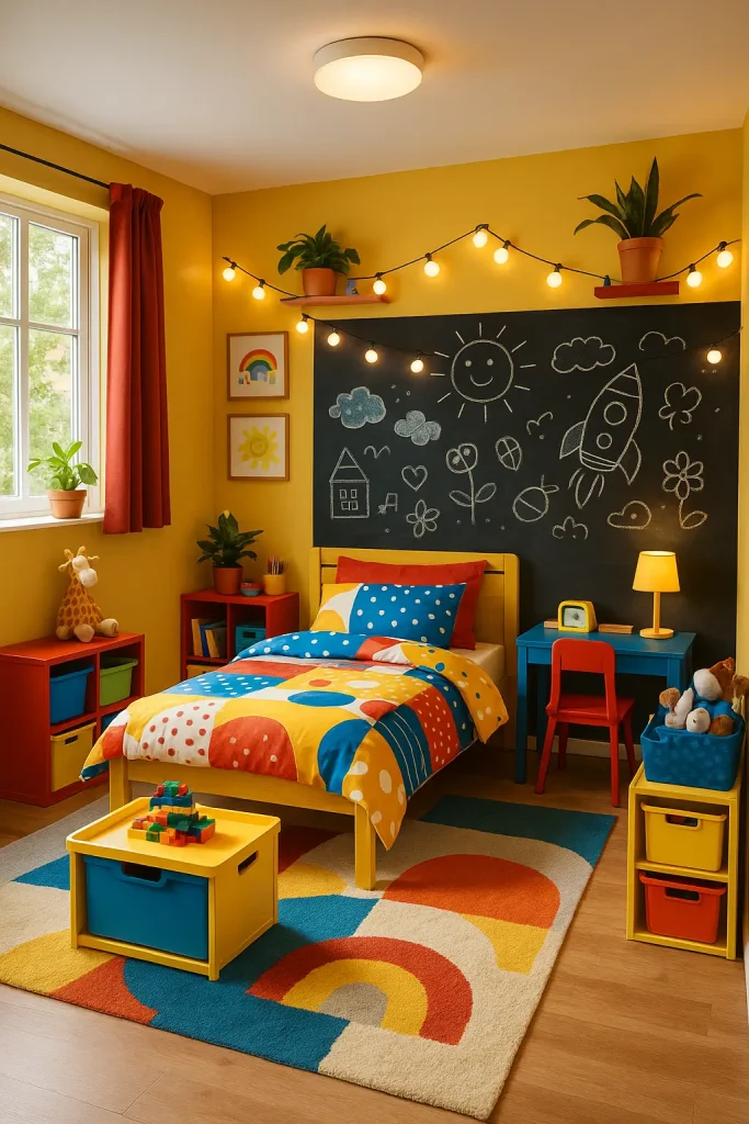 Bright kid's room with chalkboard wall, bold bedding, colorful bins, and soft natural lighting