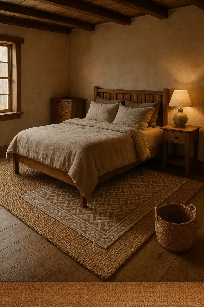 Layered jute and cotton rugs in a cozy farmhouse bedroom with warm wood and soft neutral tones.