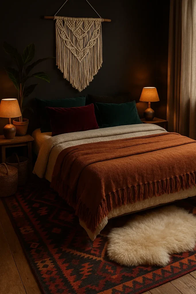 Dark boho bedroom with layered kilim and sheepskin rugs, velvet pillows, and wicker baskets for storage.