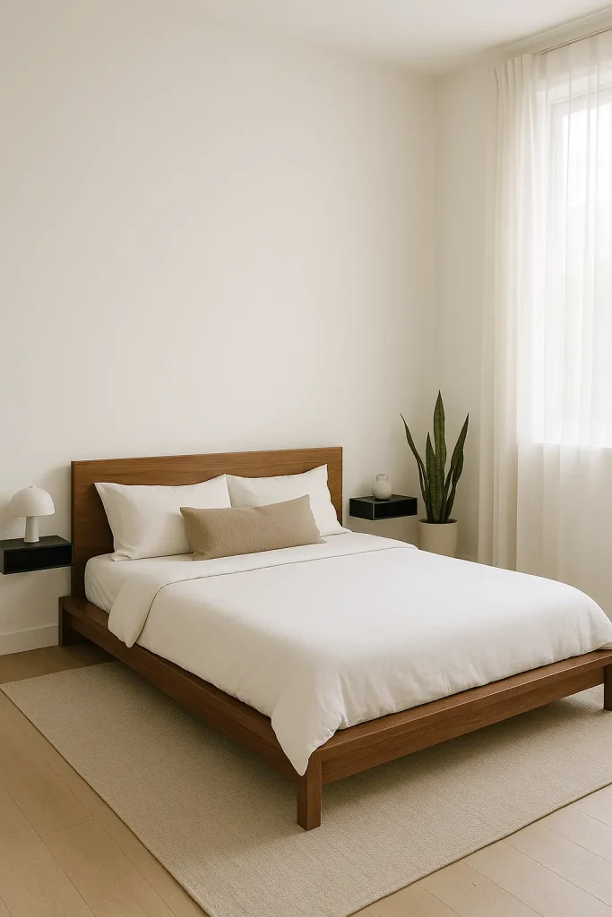Modern bedroom with low walnut bed, white bedding, clean lines, and a calm, uncluttered aesthetic.

