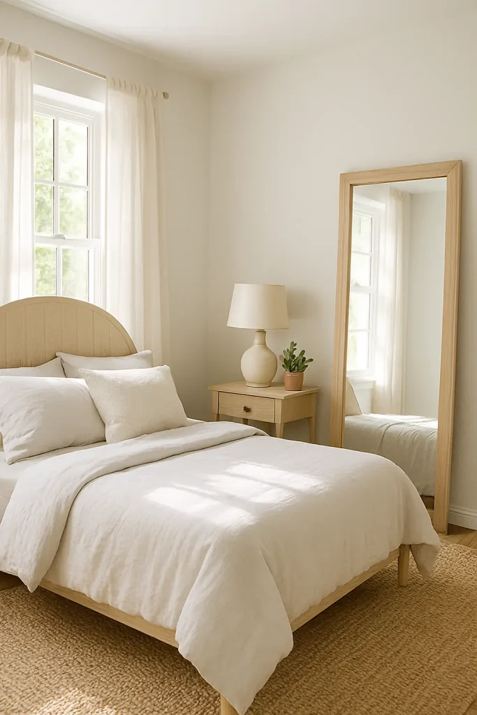 Bright farmhouse bedroom with sheer curtains and a large mirror reflecting natural light beautifully.