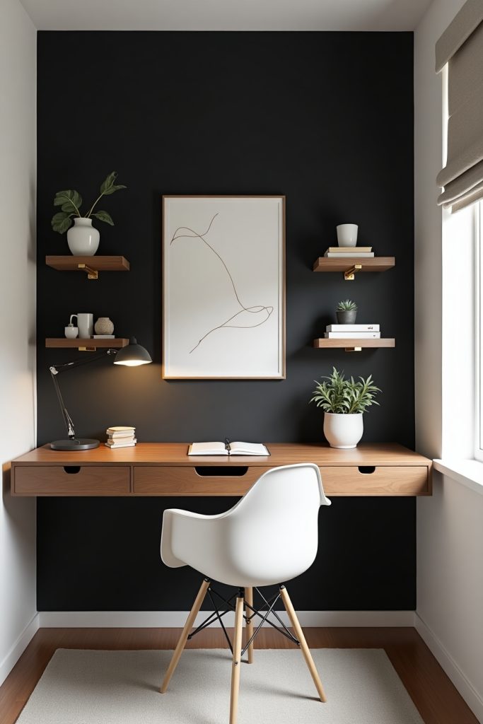 Minimalist black accent wall office with walnut desk, gold shelves, soft lighting, and modern decor.