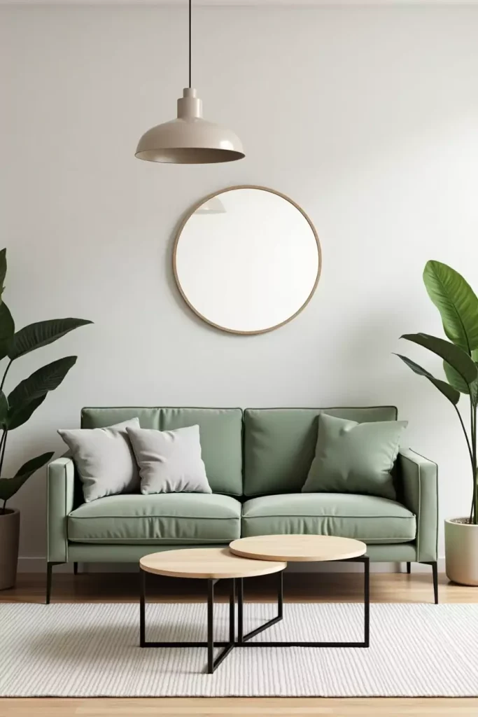 Cozy minimalist living room with beige sofa, geometric table, plants, and soft lighting.