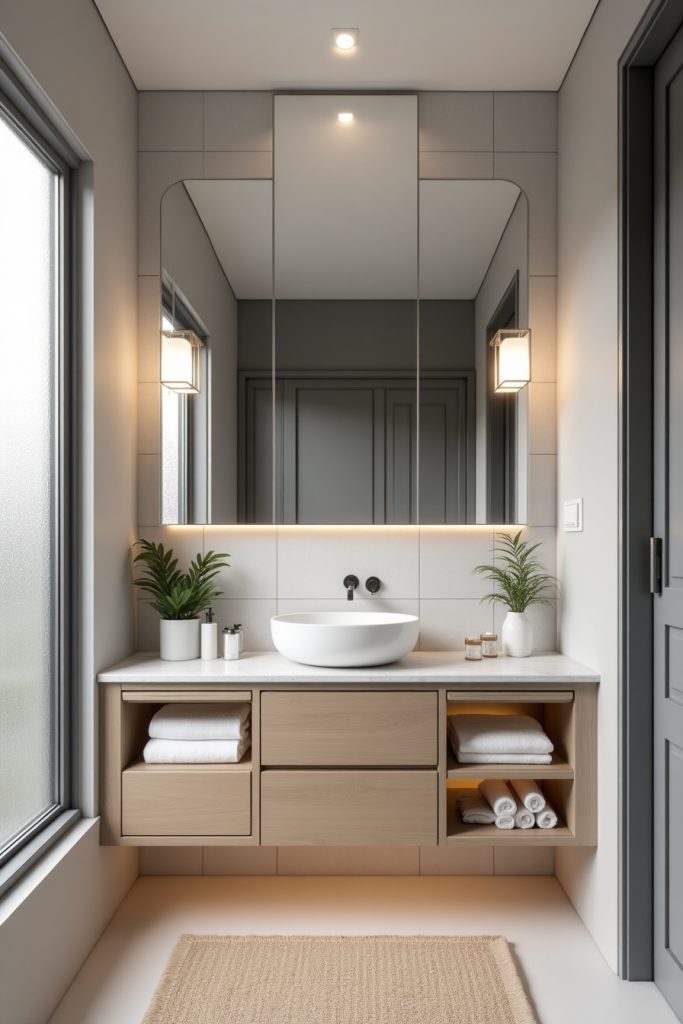 Modern bathroom with mirrored accent wall, floating vanity, soft lighting, and spa-style decor.