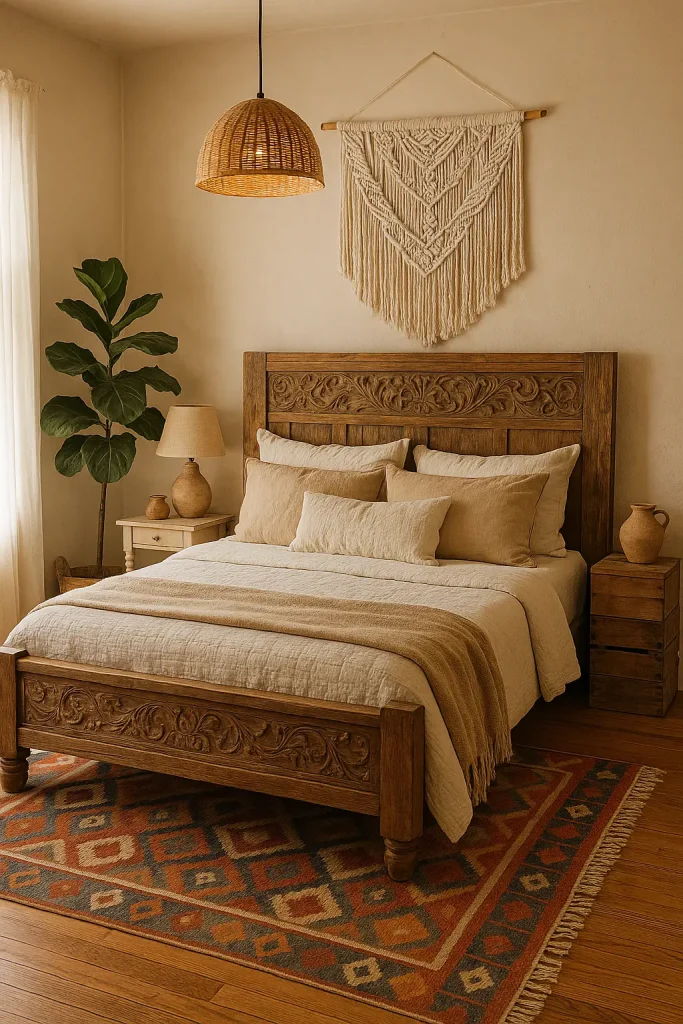 Boho-farmhouse bedroom with macramé wall art, kilim rug, vintage decor, and warm rustic textures.