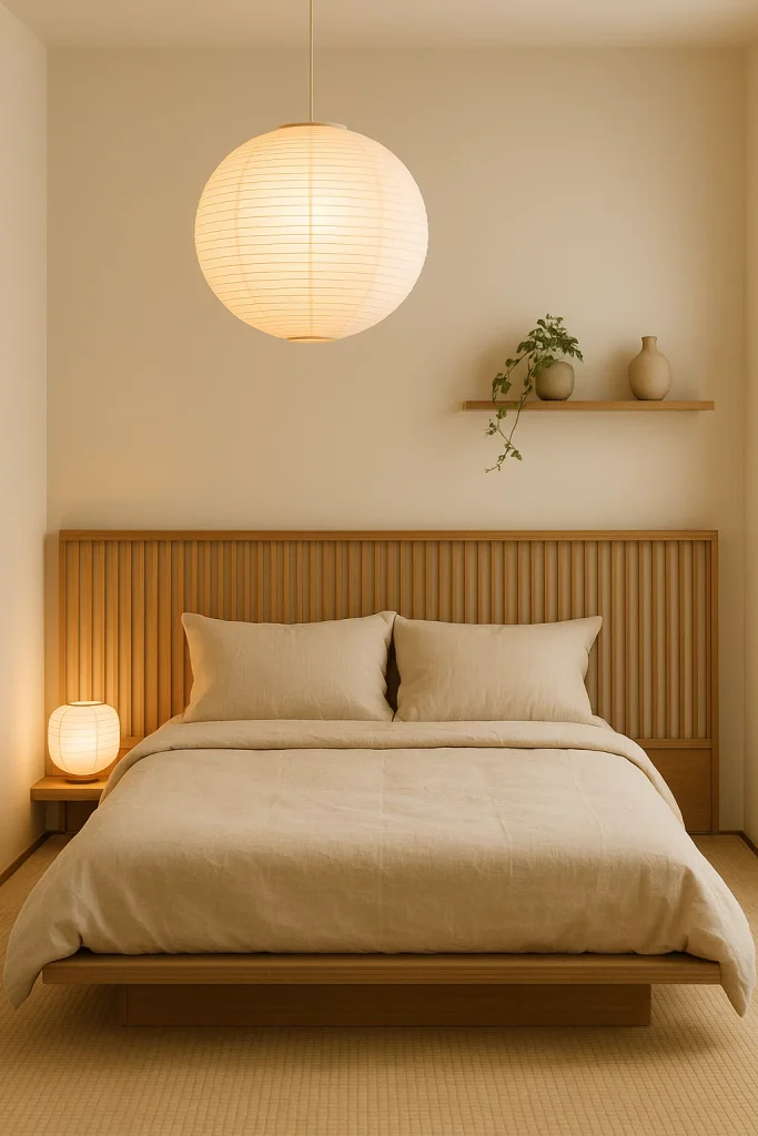 Modern Japanese bedroom with bamboo headboard, rice paper lantern, and minimal floating wall shelf.

