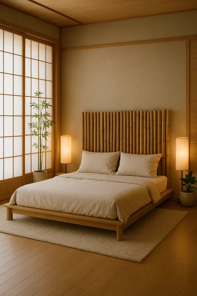 Minimalist Japanese-style bedroom with bamboo accents, low bed, Shoji screens, and soft lighting for a serene, Zen-like atmosphere.