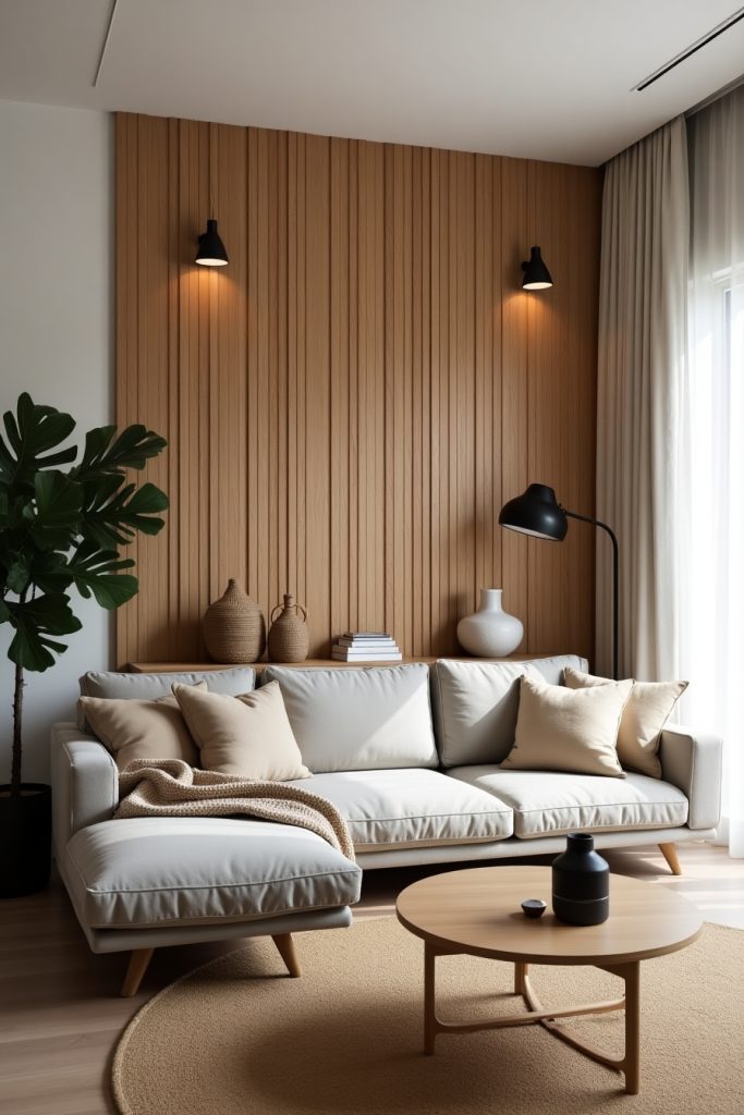 Modern living room with oak wood slat accent wall, gray sofa, warm lighting, and soft textiles