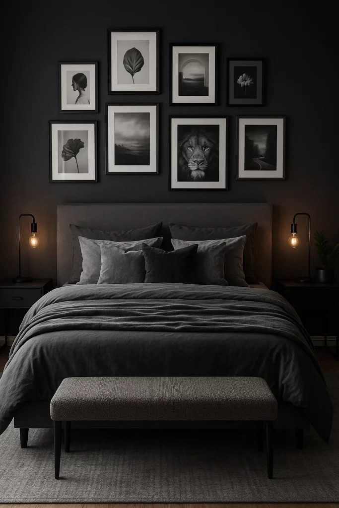 Monochrome bedroom in deep gray with gallery wall, layered bedding, and thrifted textures for depth.

