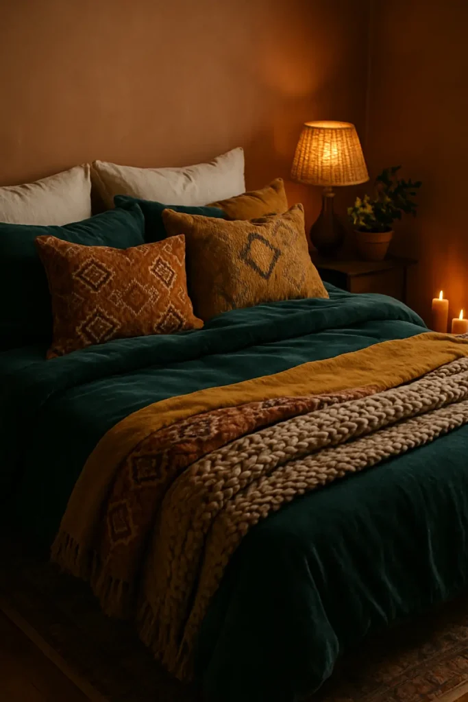 Cozy boho bed with velvet bedding, patterned pillows, chunky blanket, and warm moody tones.

