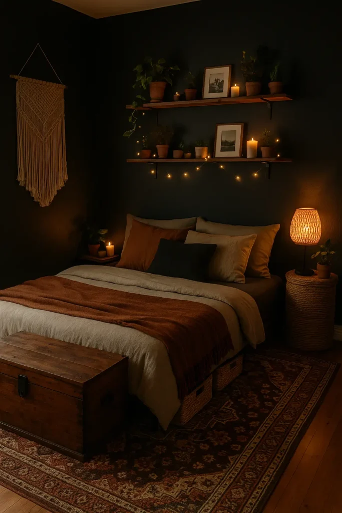 Dark boho bedroom with under-bed baskets, floating shelves, and a wooden trunk for cozy storage.
