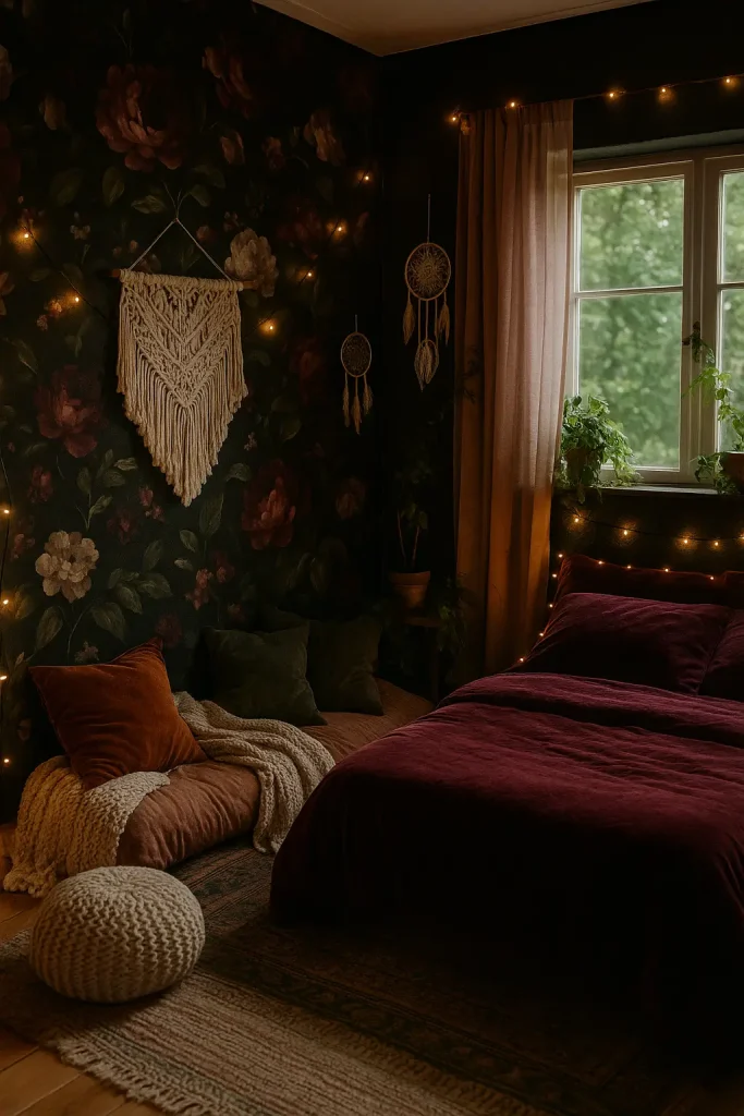 Moody teen girl room with dark floral wallpaper, dreamcatchers, macramé, and cozy cushion nook.