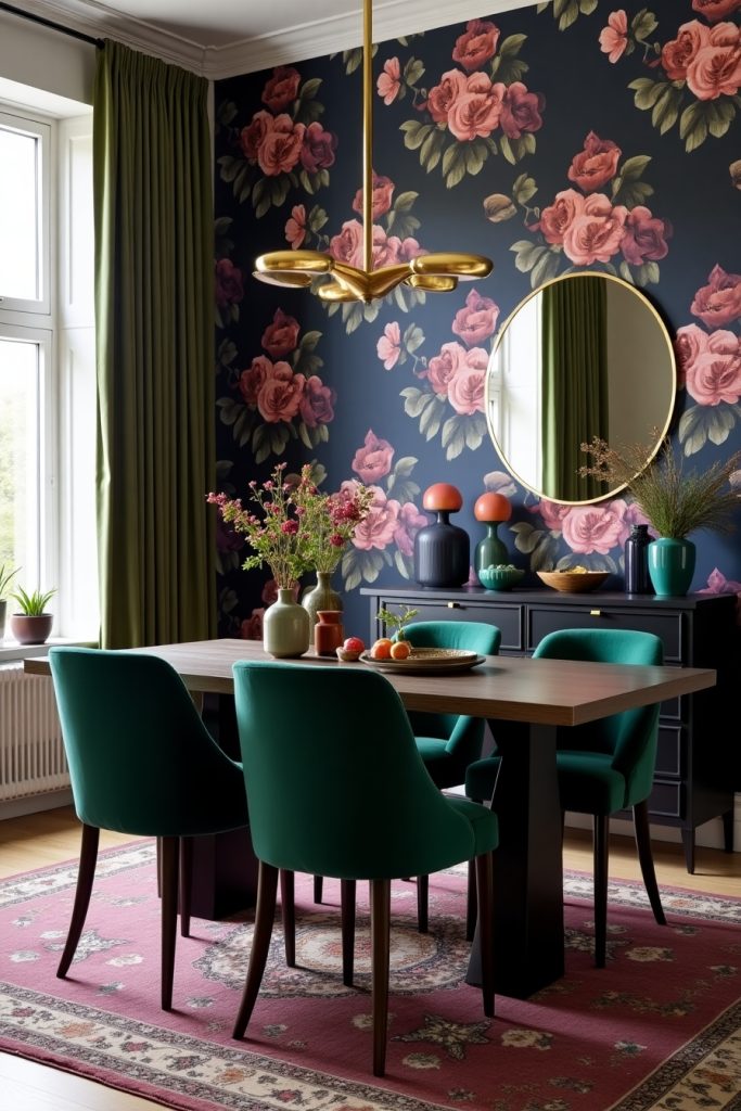 Floral wallpaper dining room with velvet chairs, brass lighting, and lush plants in a moody palette.