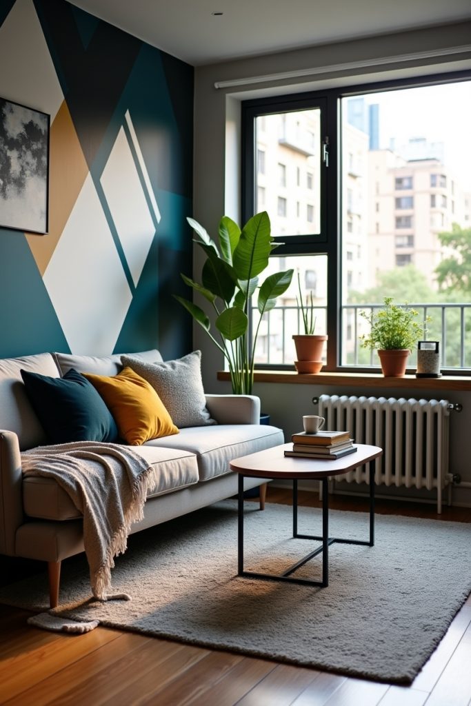 Modern studio with bold geometric peel-and-stick wall, cozy decor, and soft daylight ambiance.