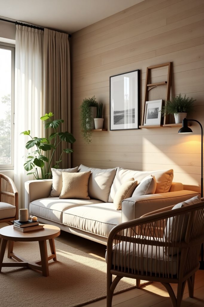 Rustic living room with light wood plank accent wall, beige sofa, jute rug, plants, and cozy decor.