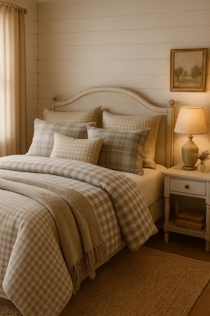 Farmhouse bedroom with beige gingham and plaid bedding, white wood furniture, and cozy textures.