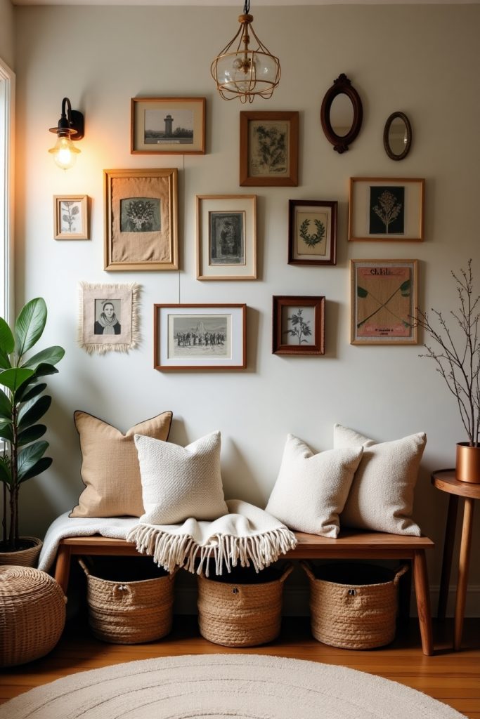 Eclectic gallery wall with thrifted frames, fabric art, and mirrors above cozy bench and warm lighting.