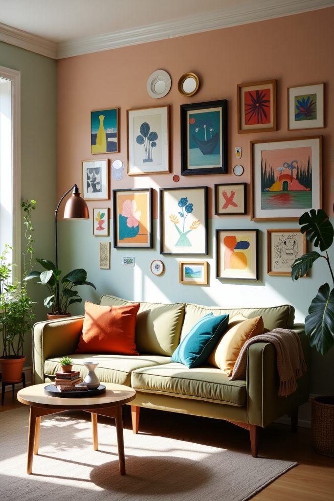 Colorful gallery wall with thrifted frames, mirrors, and DIY art in a cozy, eclectic living room