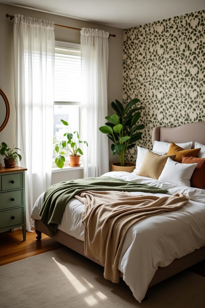 Sage green dresser and bold accent wall in a cozy bedroom makeover with warm lighting and soft textiles.