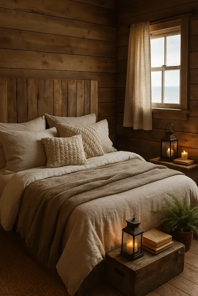 Rustic bedroom with reclaimed wood headboard, wool throw, crate nightstand, and soft daylight.
