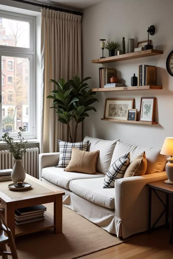 Rustic urban apartment with reclaimed wood, vintage decor, soft linens, plants, and cozy textures.