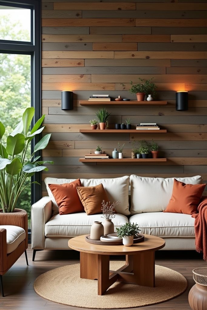 Rustic living room with reclaimed wood wall, linen sofa, jute rug, plants, and cozy lighting.