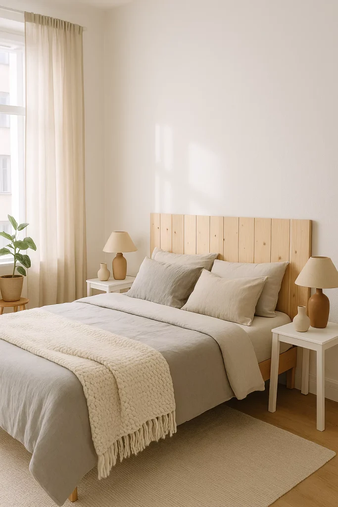 Scandinavian bedroom with white walls, wool throw, DIY wooden headboard, and airy natural lighting.