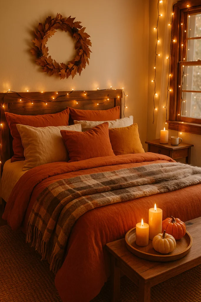 Fall bedroom with rust bedding, fairy lights, DIY wreath, and cozy thrifted autumn accents.