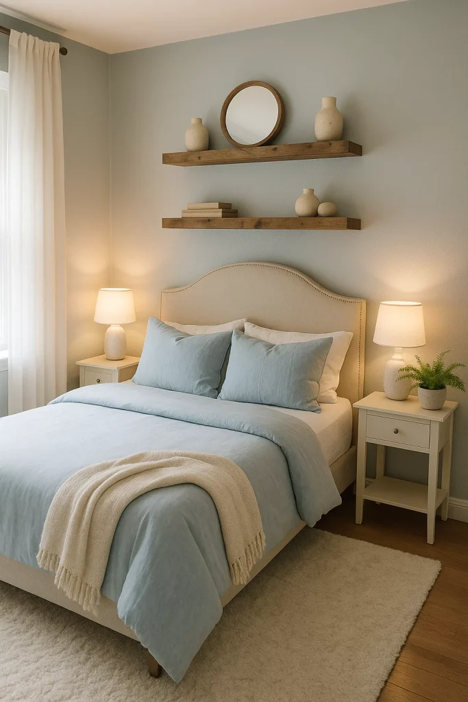 A serene bedroom with plush blue bedding, a small fern, and DIY floating shelves made from thrifted wood for a spa-like escape.
