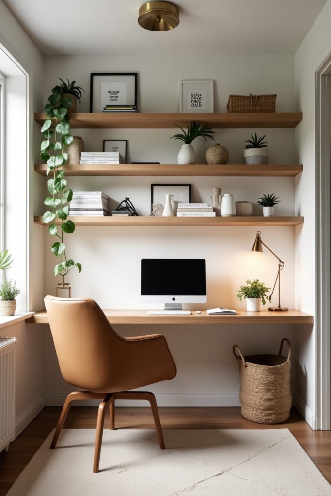 Minimalist office with floating wood shelves, warm lighting, plants, and stylish storage accessories.