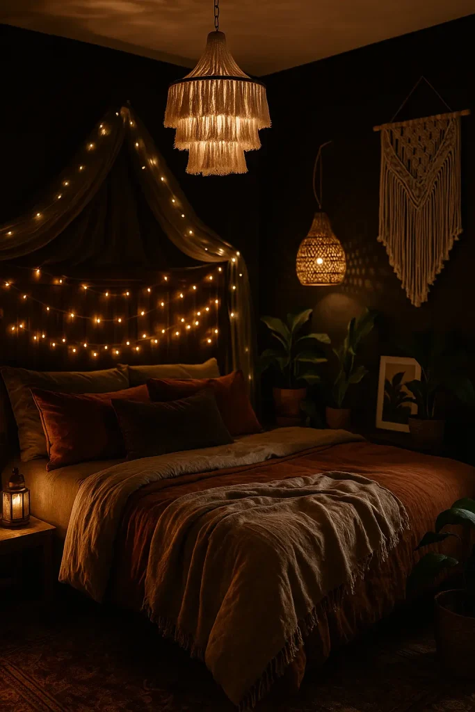 Dark boho bedroom with tassel chandelier, woven pendant, fairy lights, and lantern-lit nightstand.