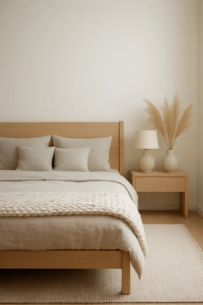 Minimalist bedroom in soft whites, beiges, and grays with layered textures for a calm, timeless look.