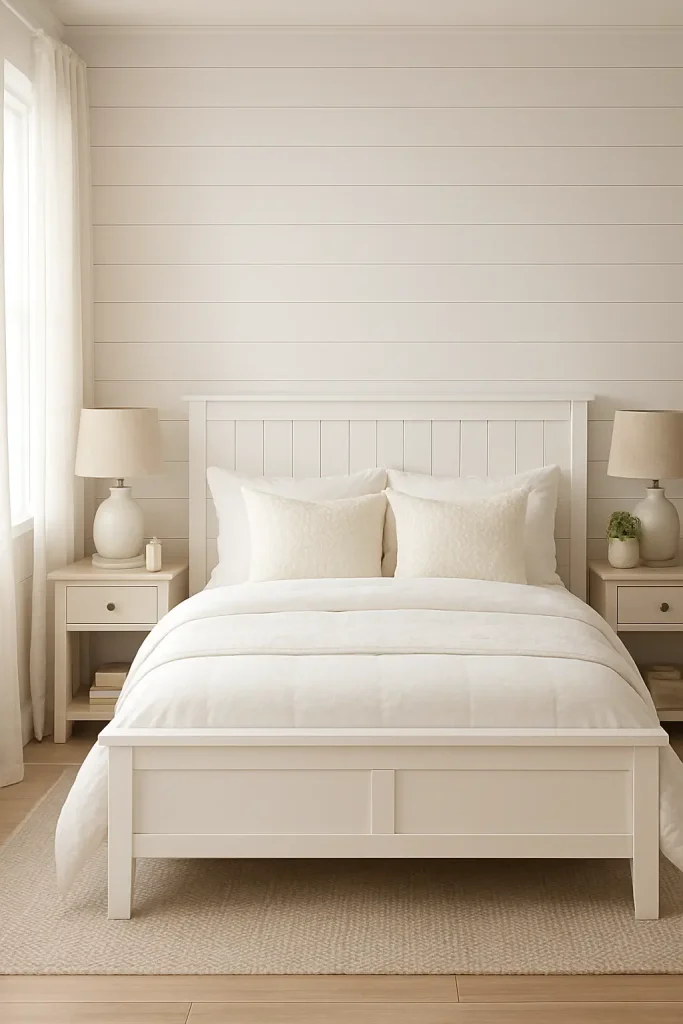 Farmhouse bedroom with matching nightstands and lamps, white shiplap walls, and soft cozy bedding.