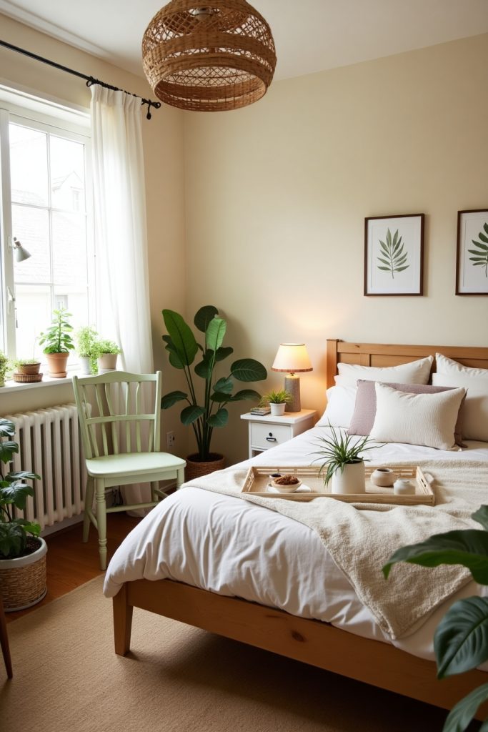 Eco-friendly bedroom with upcycled chair, organic bedding, jute rug, plants, and bamboo accents