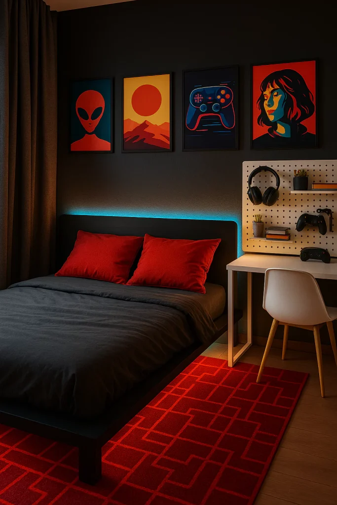 een bedroom with cherry red accents, graphic prints, and a pegboard wall for trendy storage and style.