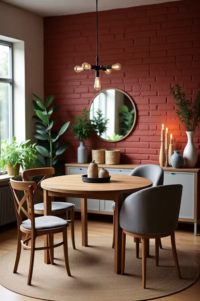 Cozy dining room with faux red brick accent wall, rustic wood table, warm lighting, and indoor plants.
