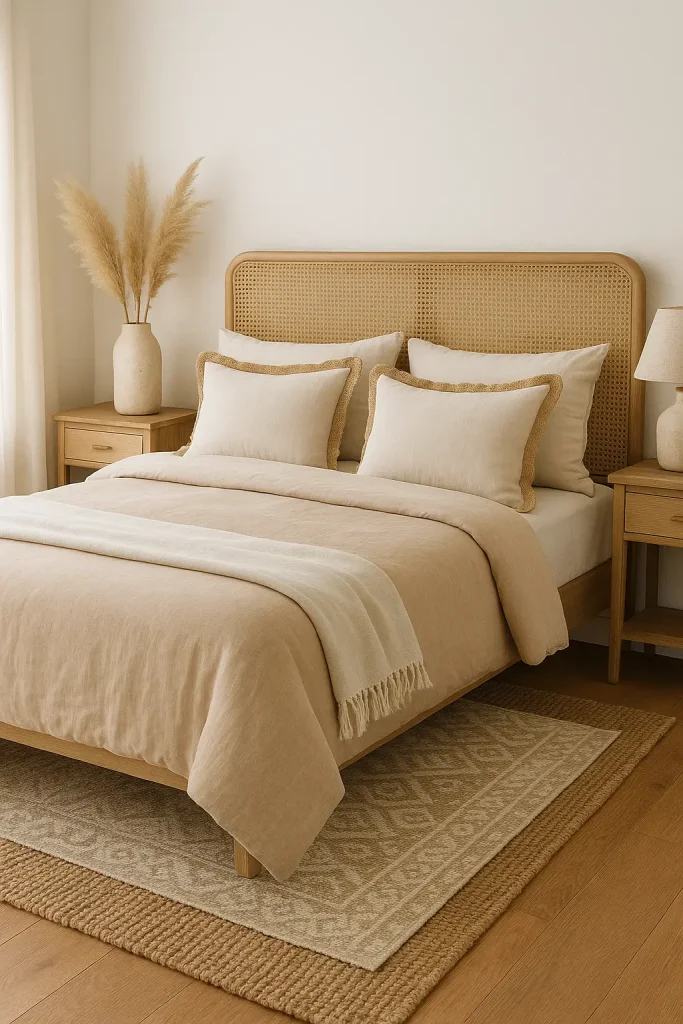 Coastal bedroom with woven headboard, burlap and linen layers, and warm natural textures throughout.