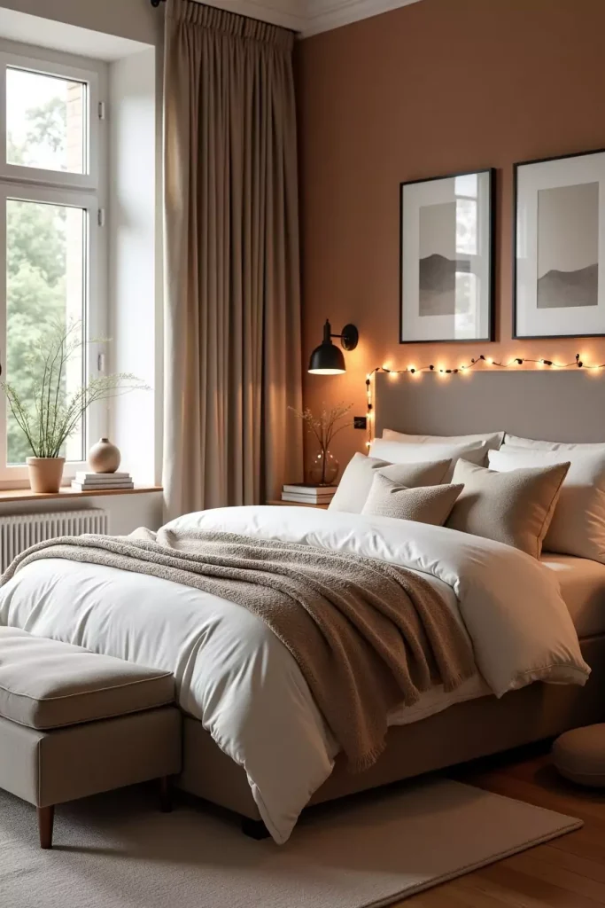 Cozy bedroom with layered bedding, warm lighting, soft textures, and neutral tones for a calming vibe.
